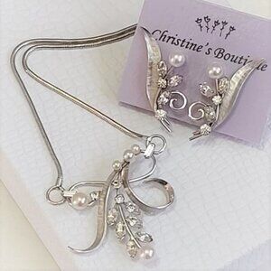 Krementz Vintage Designer Pearl & Rhinestone Necklace Earrings